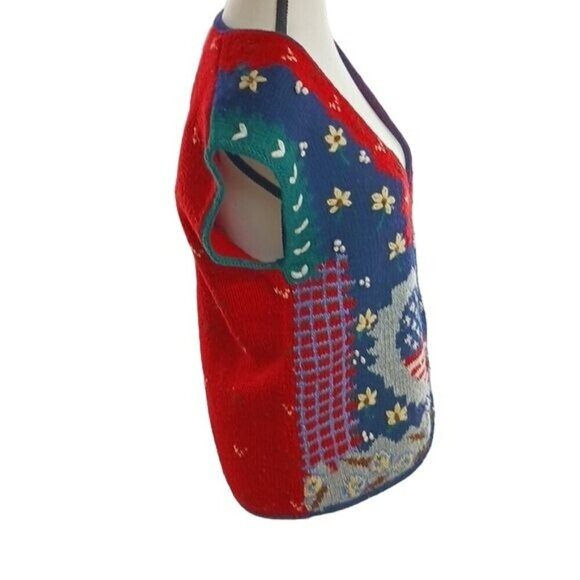 Skyr Womens Size M Patriotic Knit Sweater Vest USA Flag Heart Floral Vintage Y2K - Picture 5 of 7
